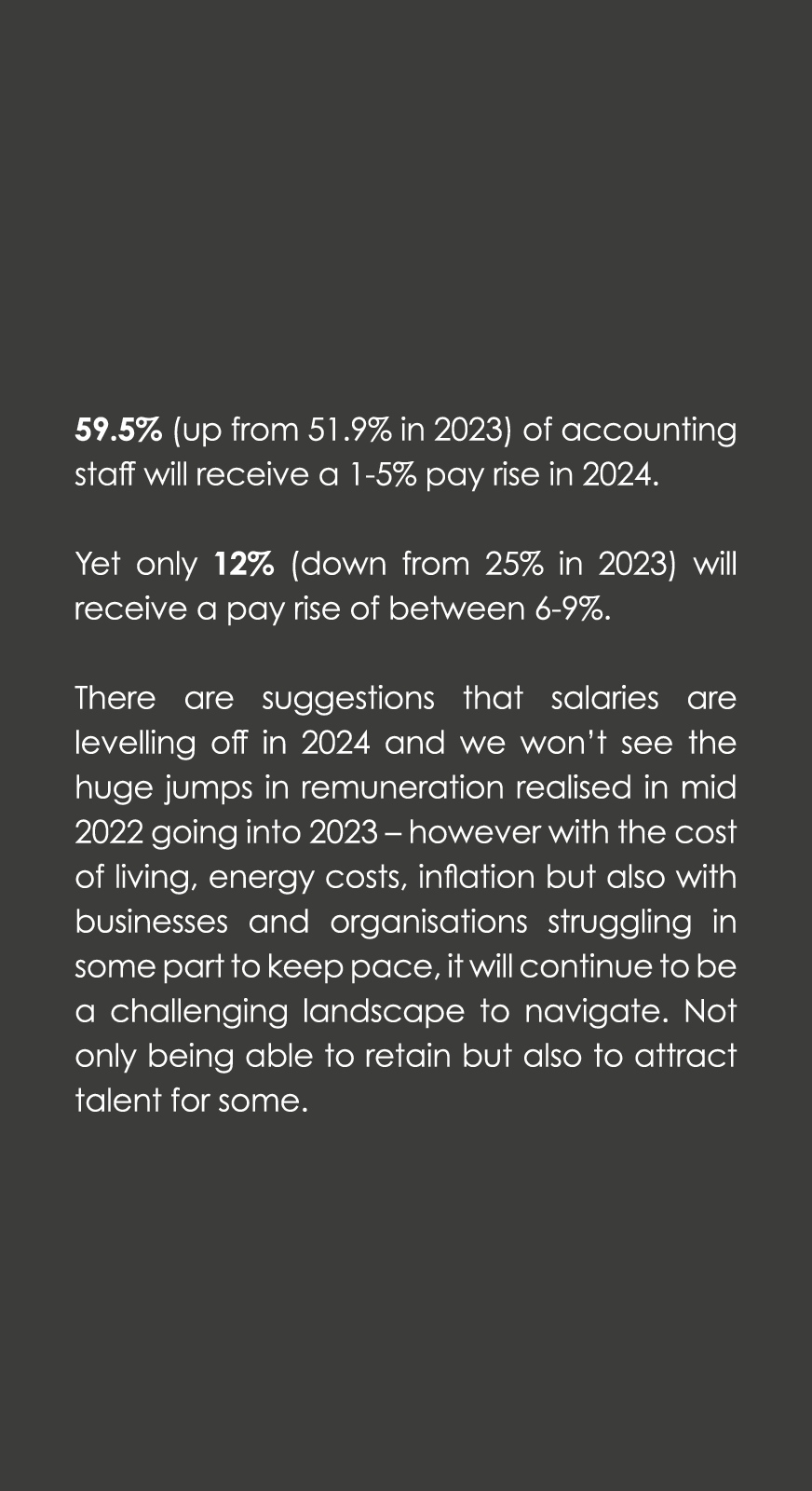 59.5% (up from 51.9% in 2023) of accounting staff will receive a 1-5% pay rise in 2024. Yet only 12% (down from 25% ...
